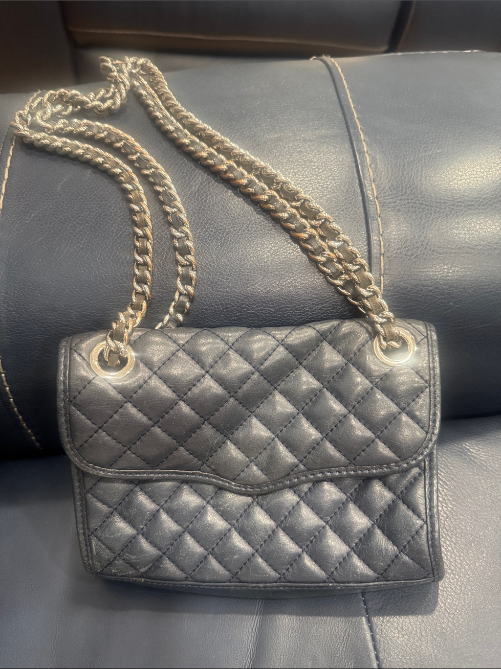 Rebecca Minkoff Navy Blue Quilted Crossbody With Gold Chain